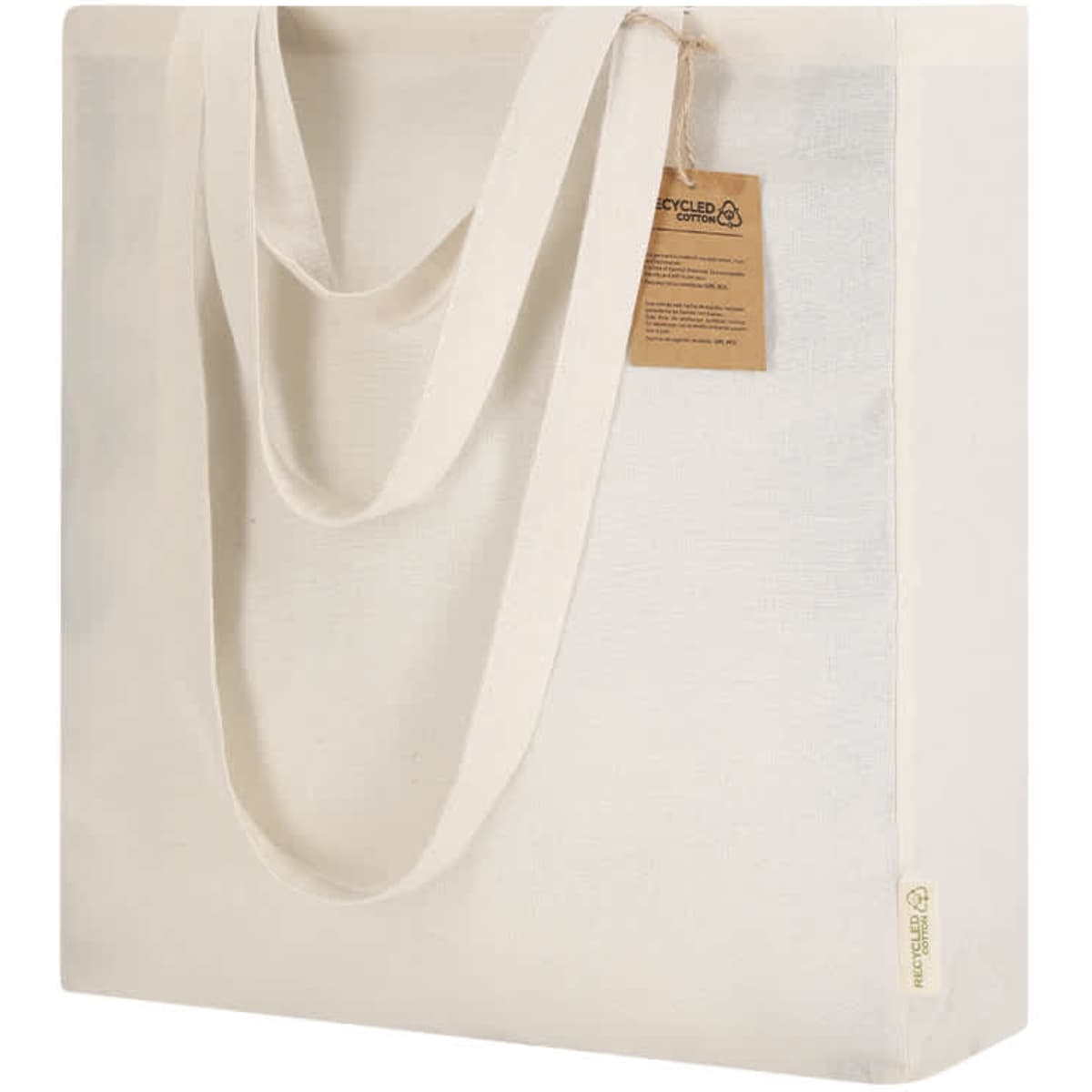 A cream-coloured tote bag with two long handles and a tag attached. It features a simple, plain design.