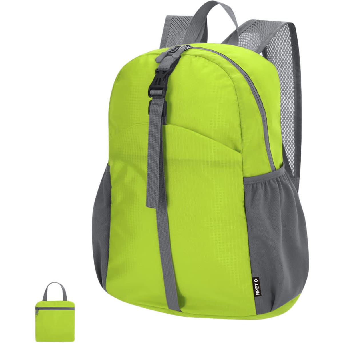 A foldable backpack in bright green and grey, featuring mesh shoulder straps and a small compact form.