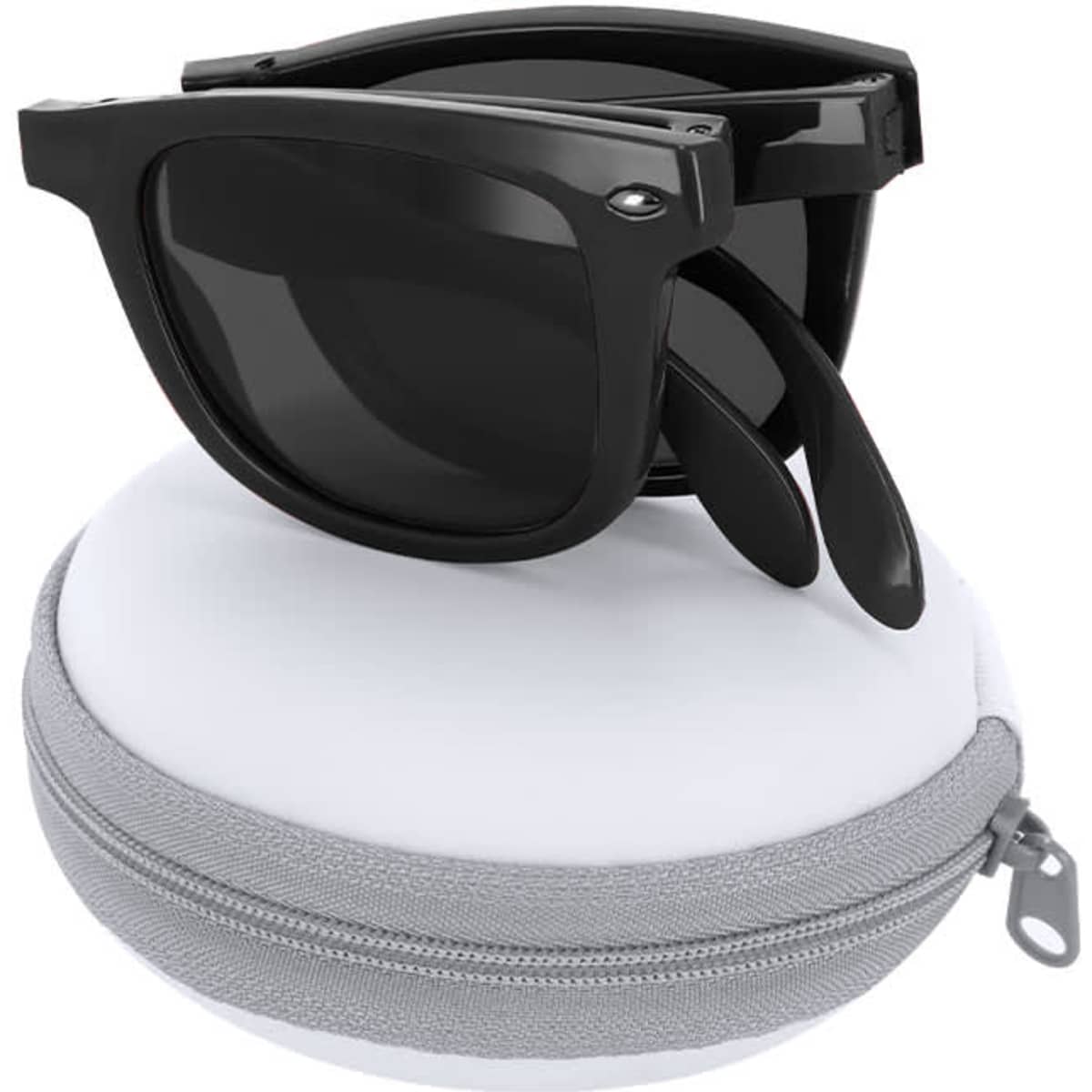 Black sunglasses displayed on a round grey case. The case is zipped and softly padded.