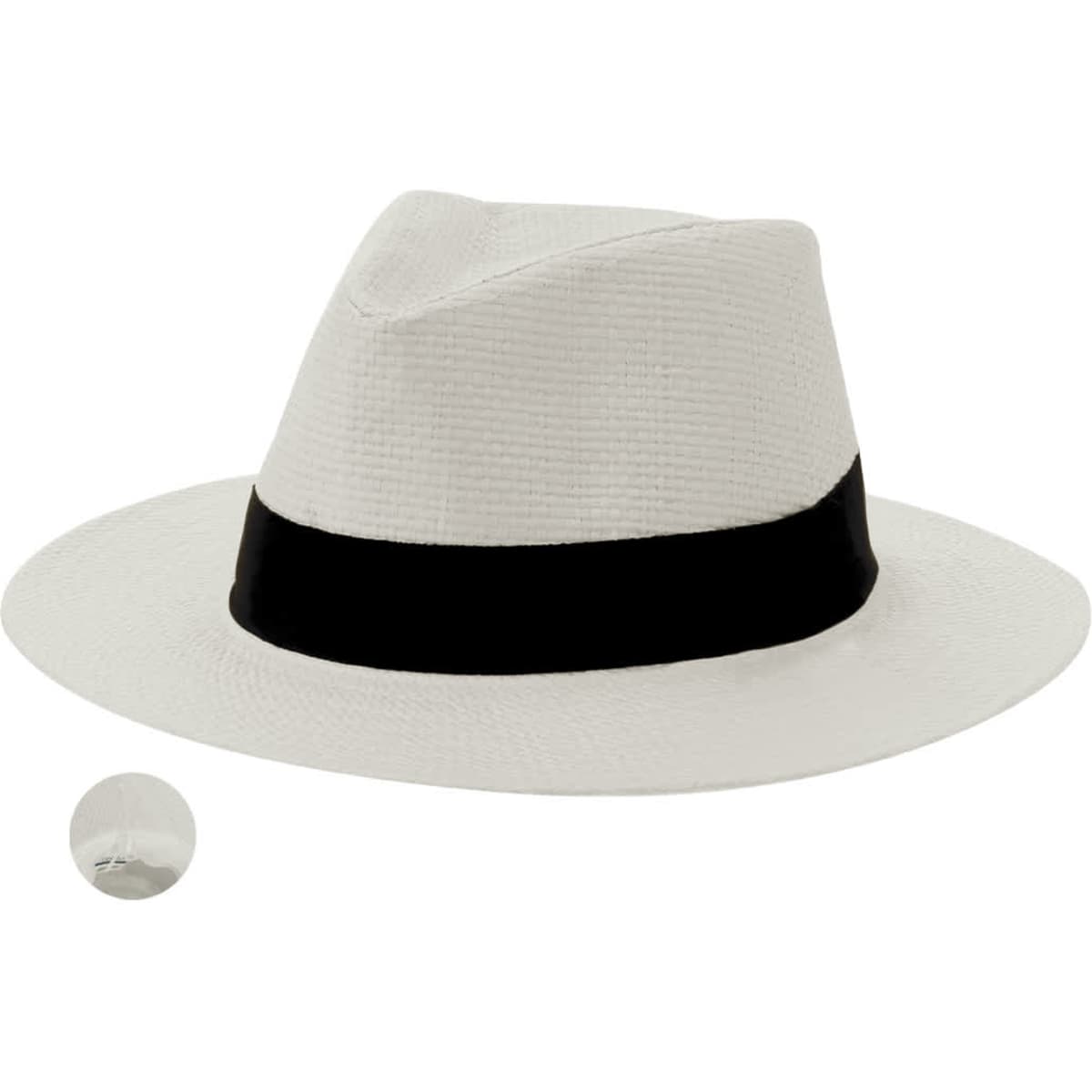 A white straw hat featuring a black band. It includes a small image showing additional details.
