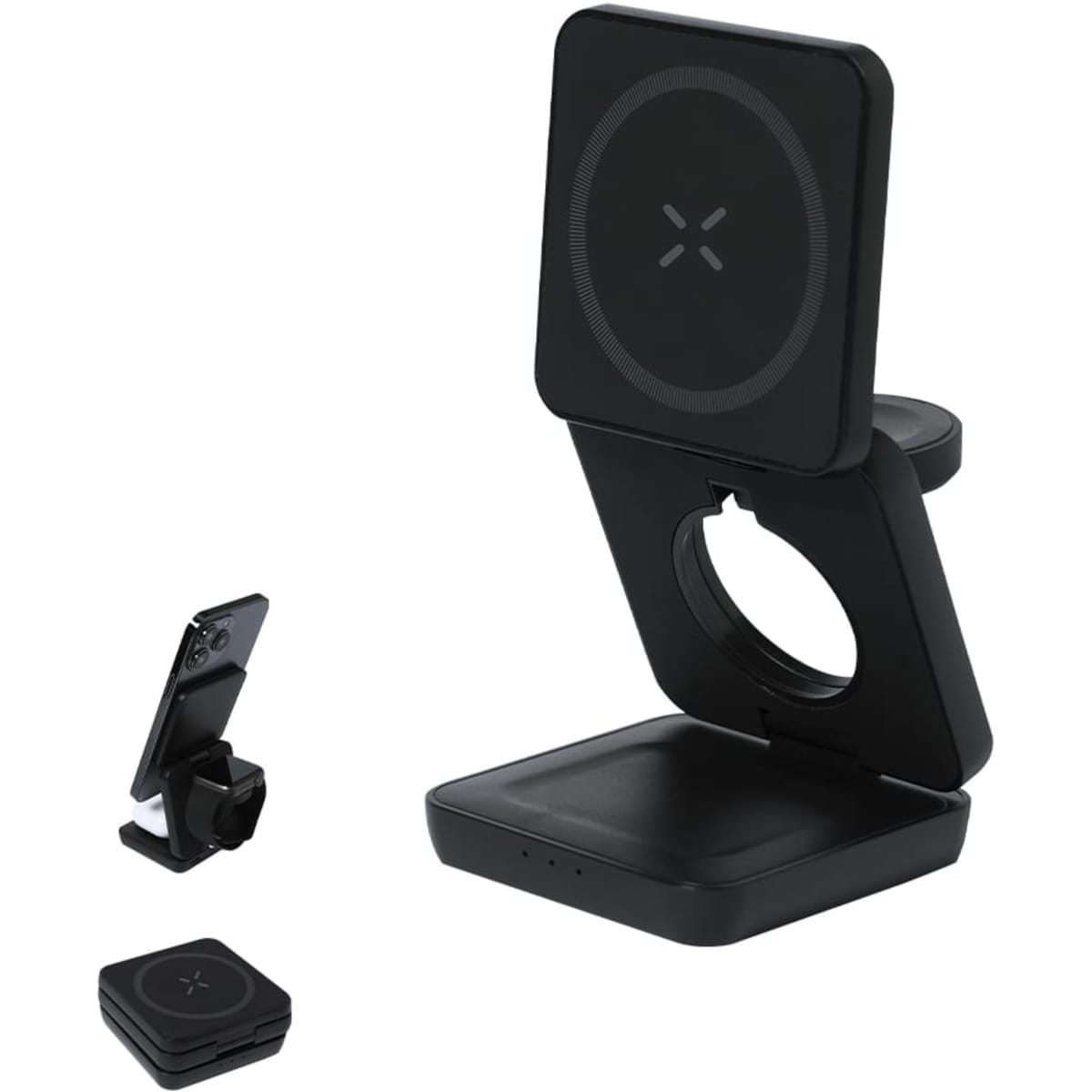 A wireless charger in sleek black, featuring a foldable design and a section for holding a phone securely.