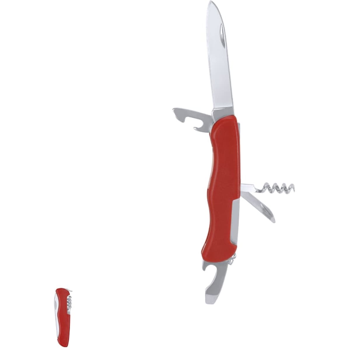 A red multi-tool featuring a knife, corkscrew, bottle opener, and additional tools, with a logo.