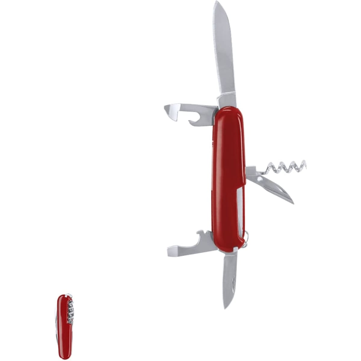 A red multi-tool featuring multiple stainless steel blades, a corkscrew, and other implements. It has a logo on the handle.
