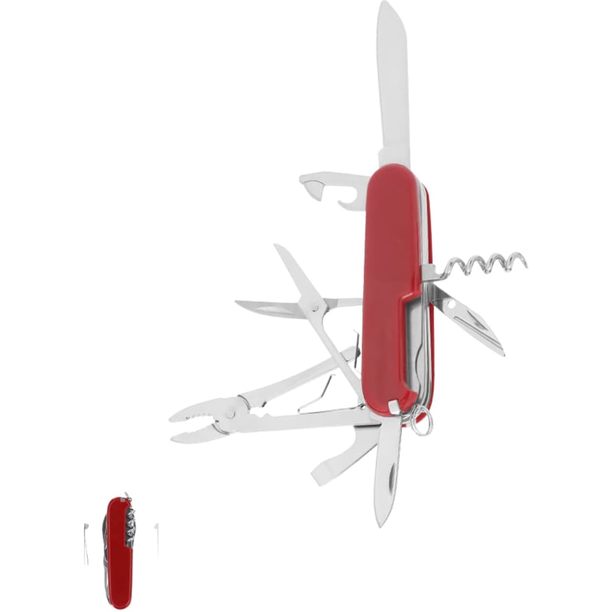 A red multi-tool featuring various stainless steel tools, including scissors, pliers, and a corkscrew, with a keyring attachment.