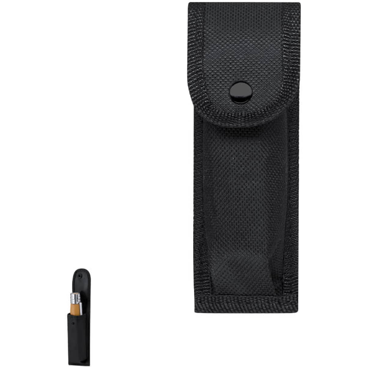 A black fabric pouch with a flap closure and a button, designed for carrying small items. It includes a logo.