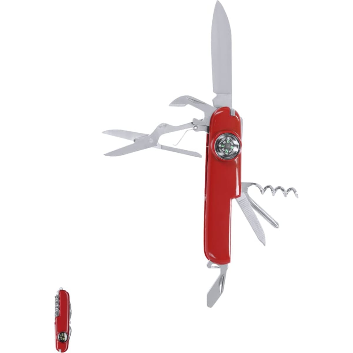 A red multi-tool featuring a knife, scissors, corkscrew, and compass, with a silver handle and various tools.