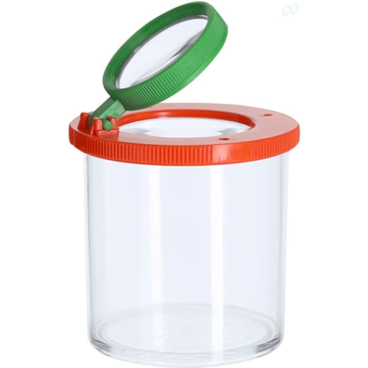 A clear container with a red lid and green handle, featuring a magnifying glass attached to the lid.