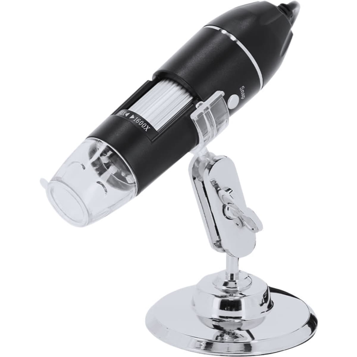 A black and silver microscope mounted on a chrome stand, featuring a clear lens and adjustable focus.