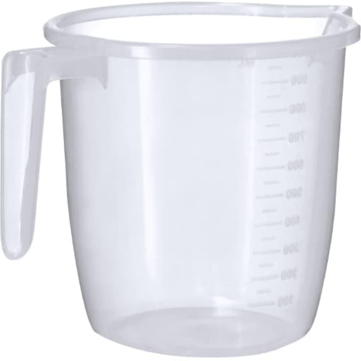 A clear plastic measuring jug with a handle and measurement markings on the side.