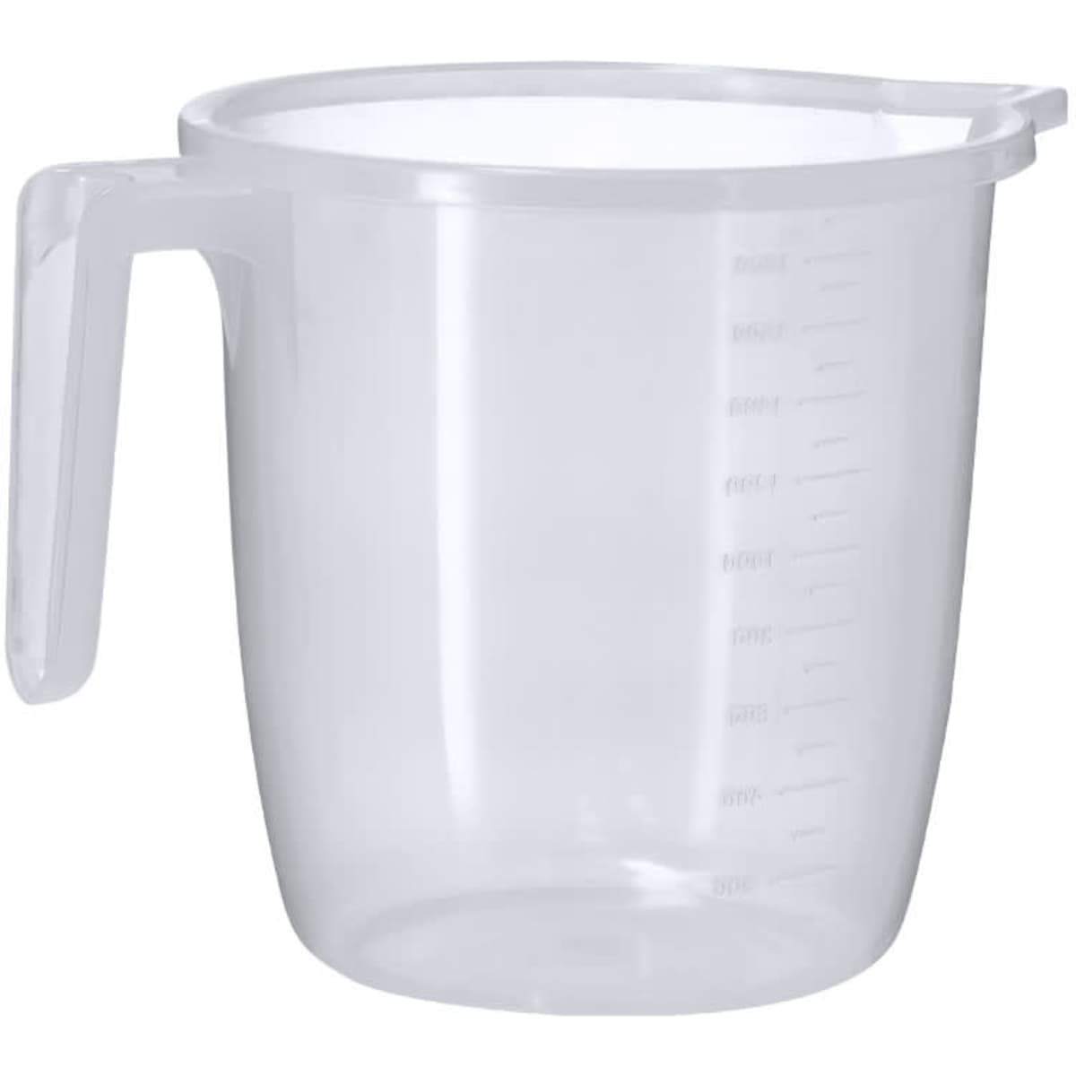 A clear plastic measuring jug with a handle and measurement markings on the side.