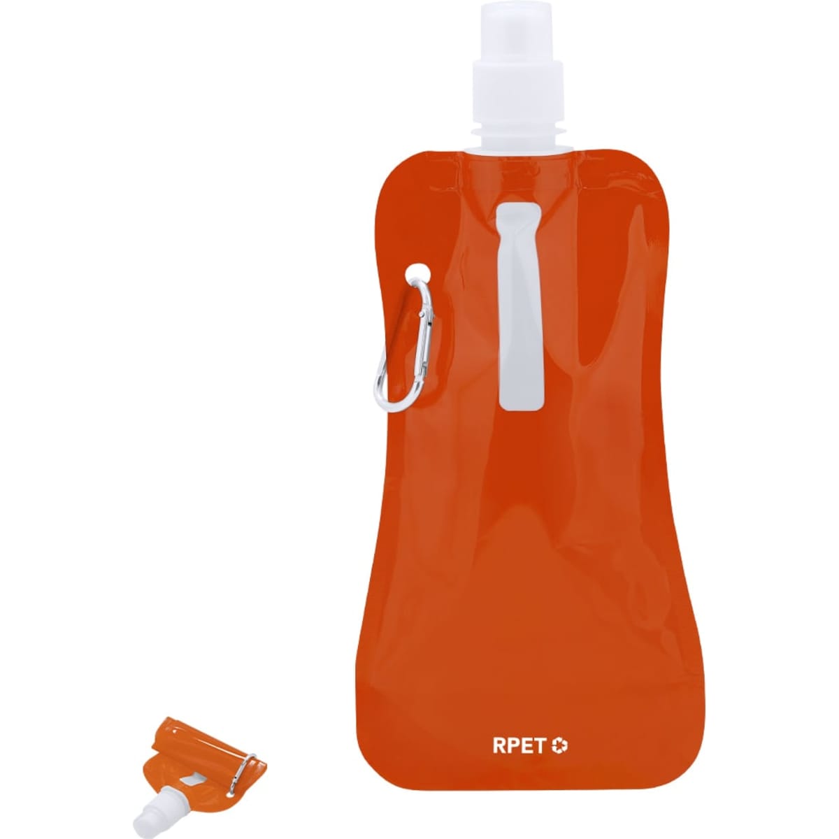 An orange foldable drink bottle with a spout and a carabiner attachment, featuring a logo on its surface.