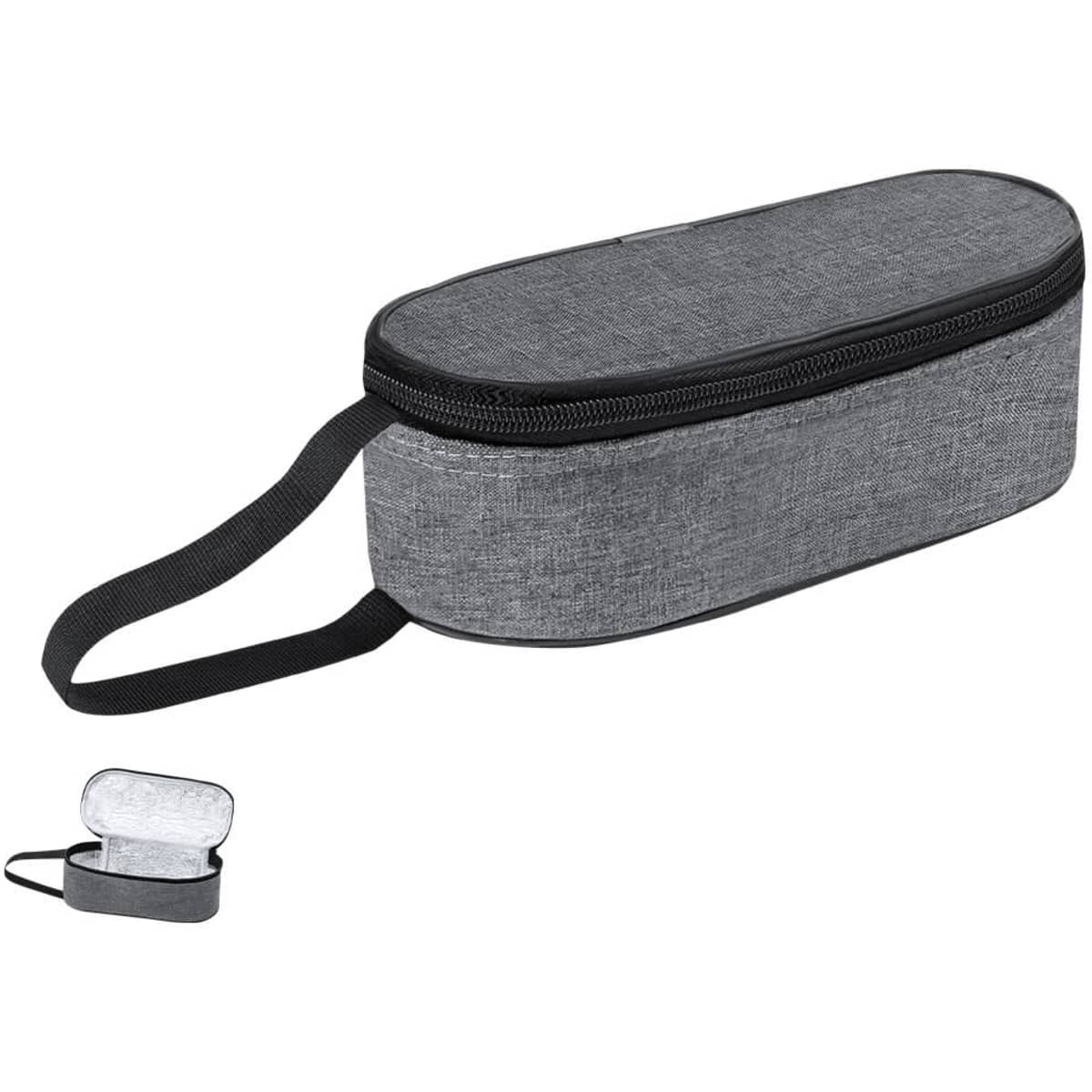 A grey lunch bag with a zip closure and a handle, featuring a slim oval shape and a simple design.