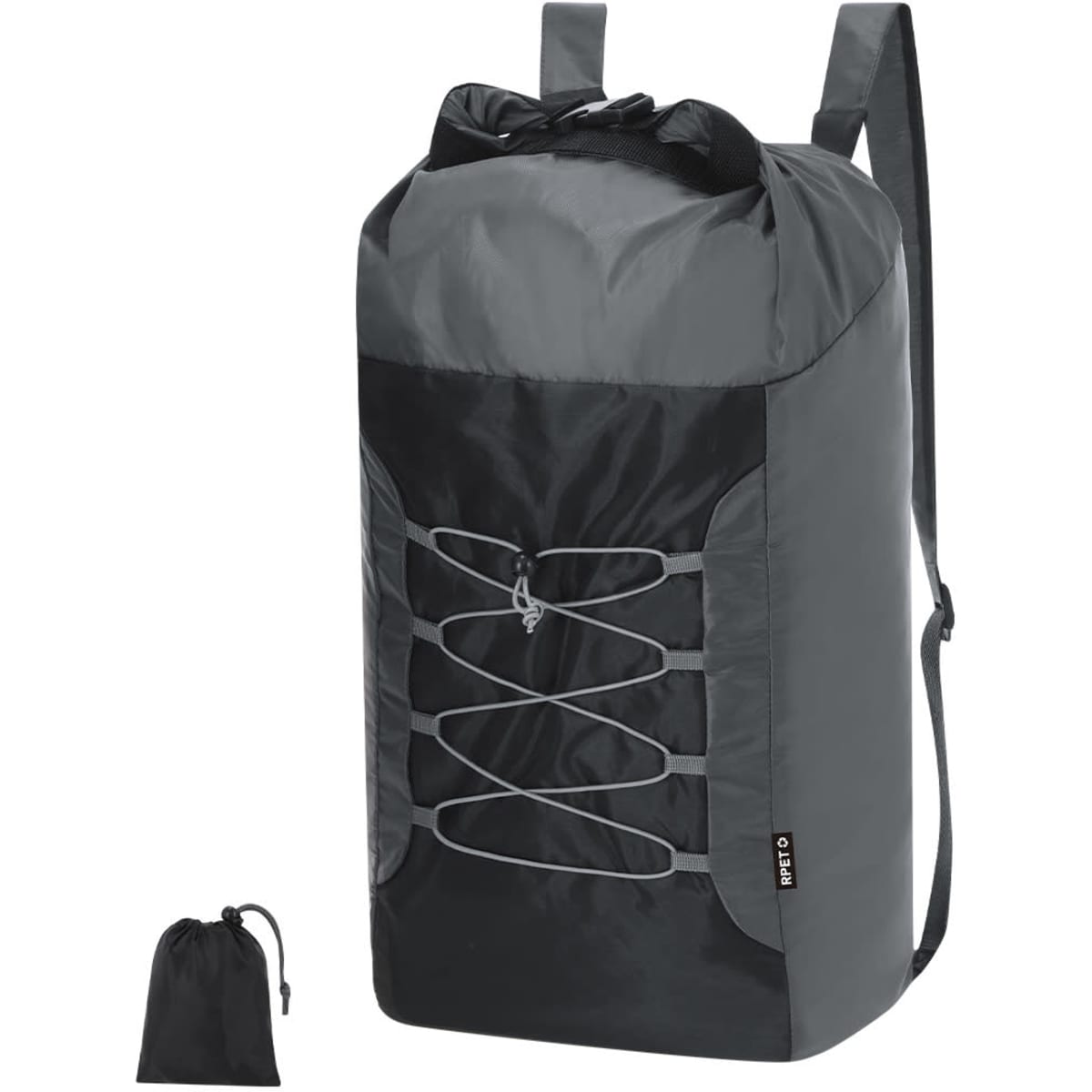 A foldable backpack in shades of grey with a drawstring closure and a small pouch for storage. It has a logo.