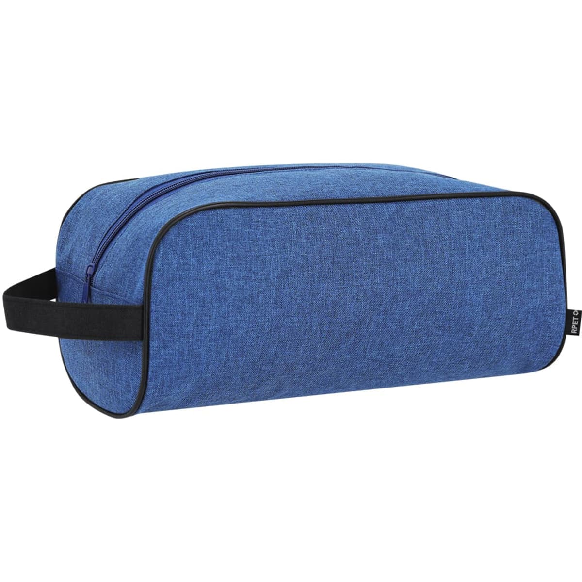 A blue zipped bag with a handle, featuring a textured fabric and a simple design. It has a branding logo.
