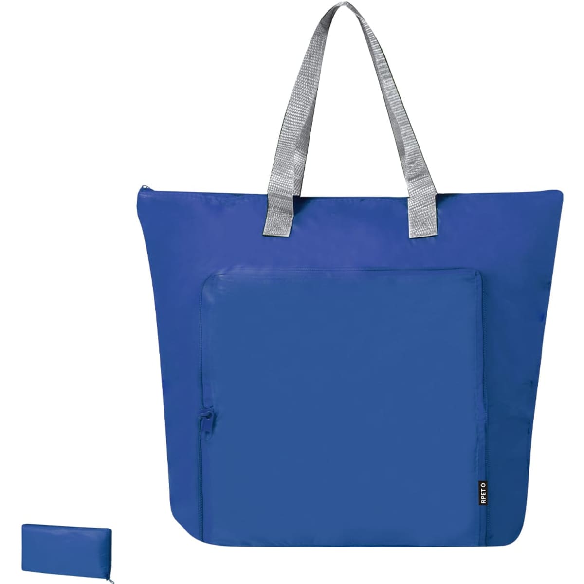 A blue cooler bag with silver handles and a front zip pocket, accompanied by a matching pouch.