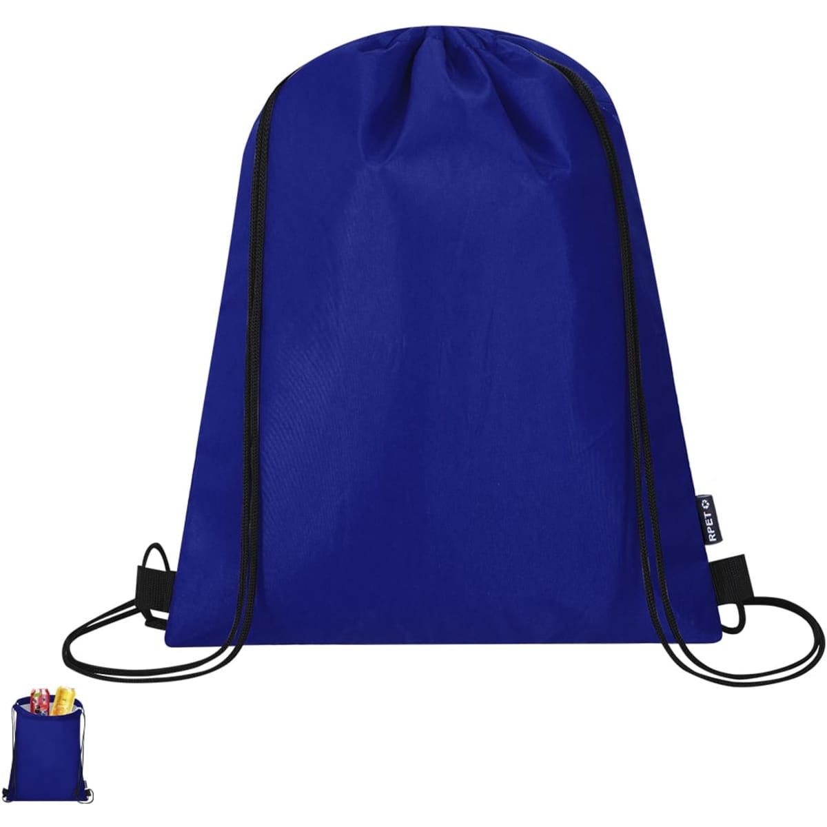 A drawstring cooler bag in a vibrant blue colour, featuring a logo and straps for easy carrying.