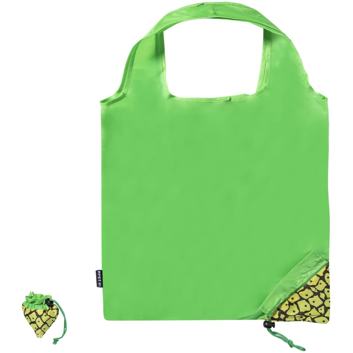 A vibrant green foldable reusable grocery bag with a small matching pouch for easy storage.