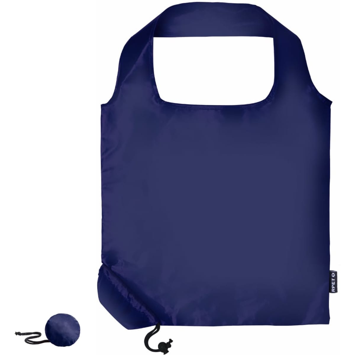 A navy foldable bag with a matching pouch for easy storage. It features a simple design and handle.