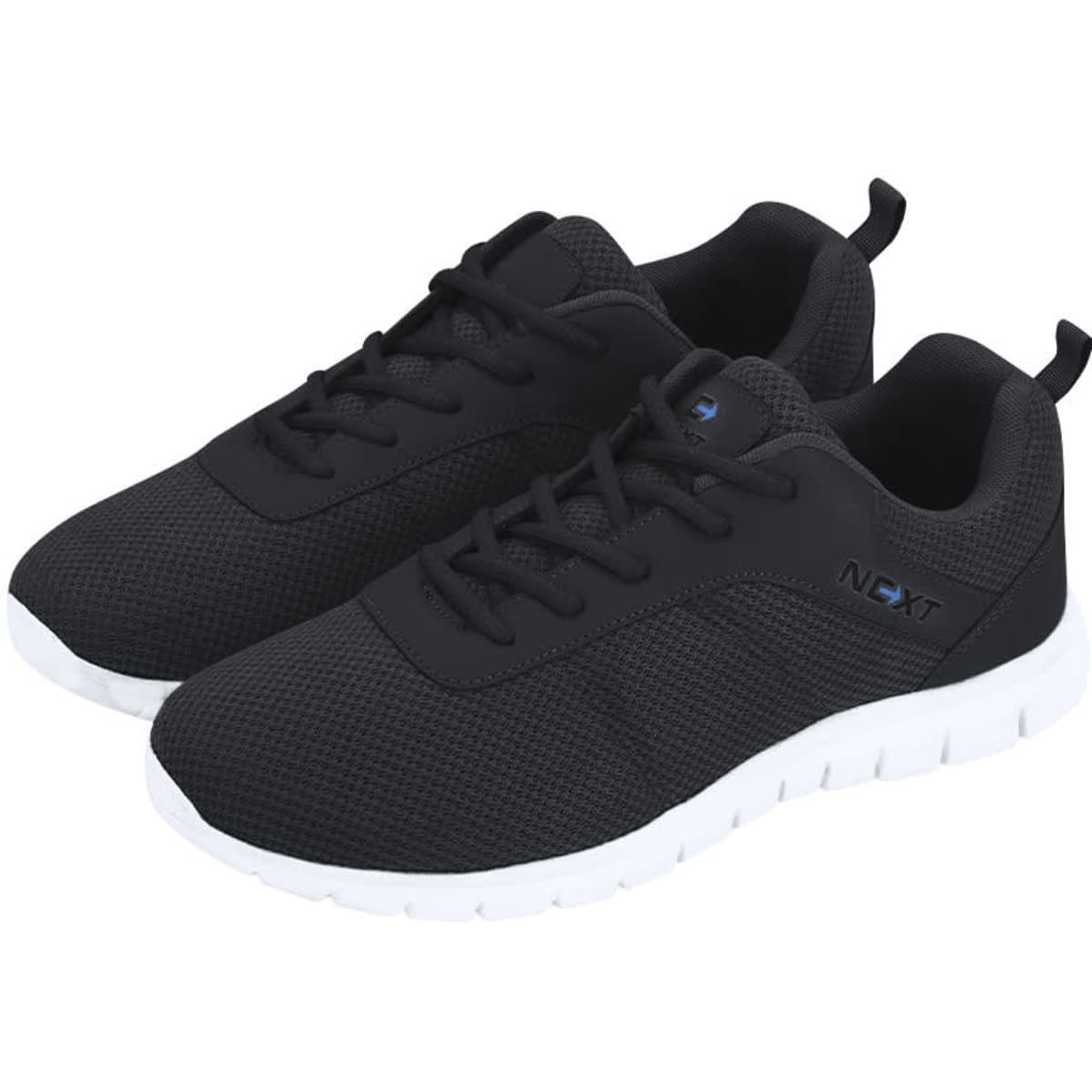A pair of black sports shoes with a textured upper and white soles, featuring a logo on the side.