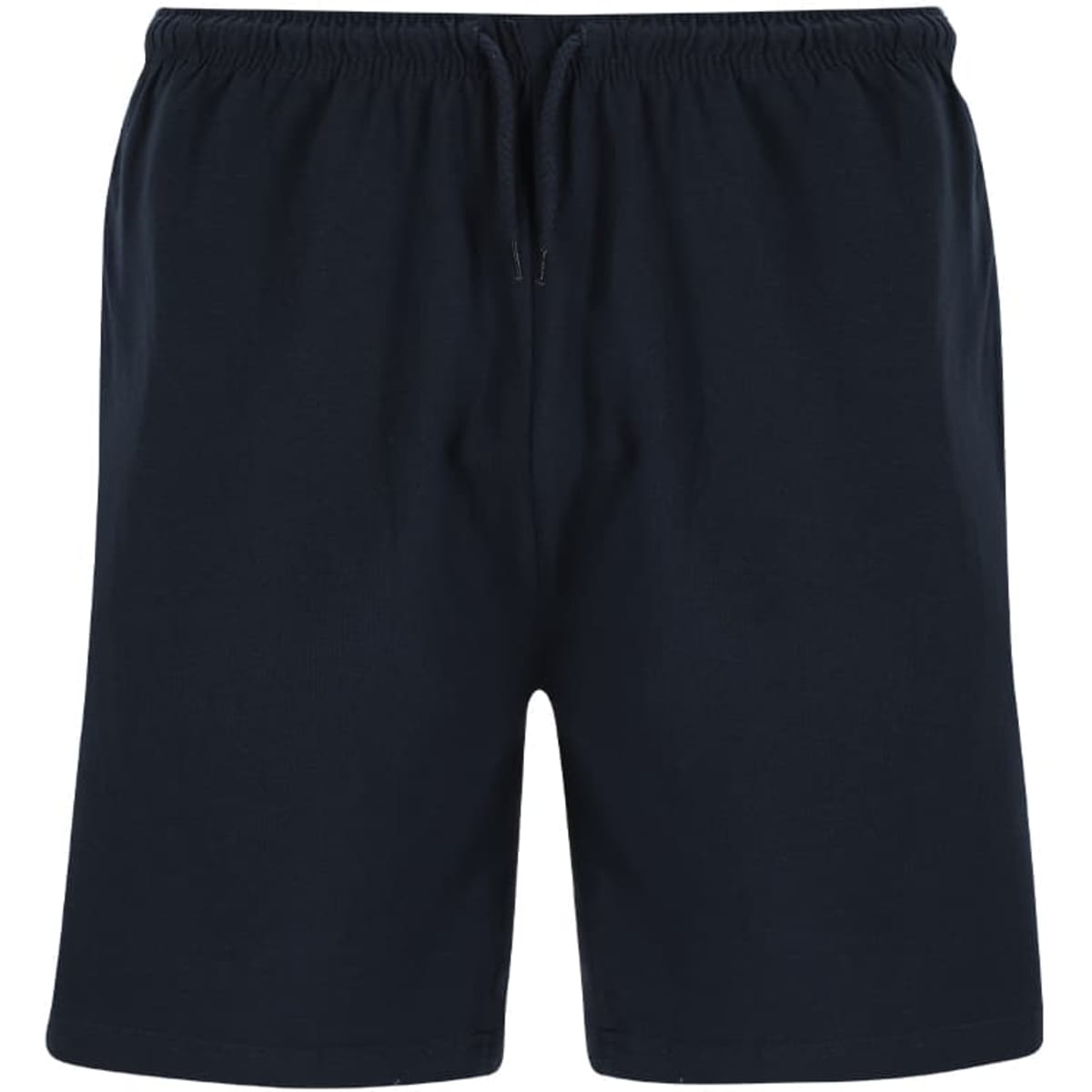 Navy blue dress shorts with an elastic waistband and drawstring, featuring a simple design. Includes a logo.