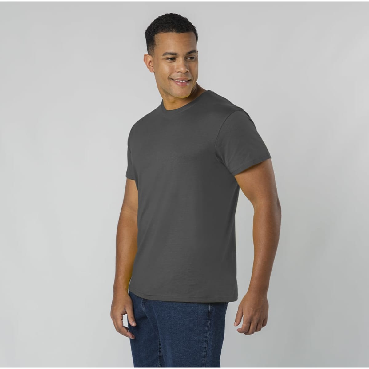 A grey t-shirt displayed on a model, featuring a classic crew neckline and short sleeves.