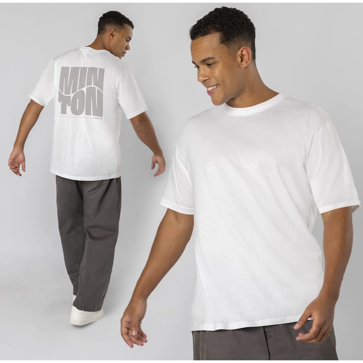 A white Minton T-Shirt displayed on a model, featuring a logo on the back and relaxed fit.