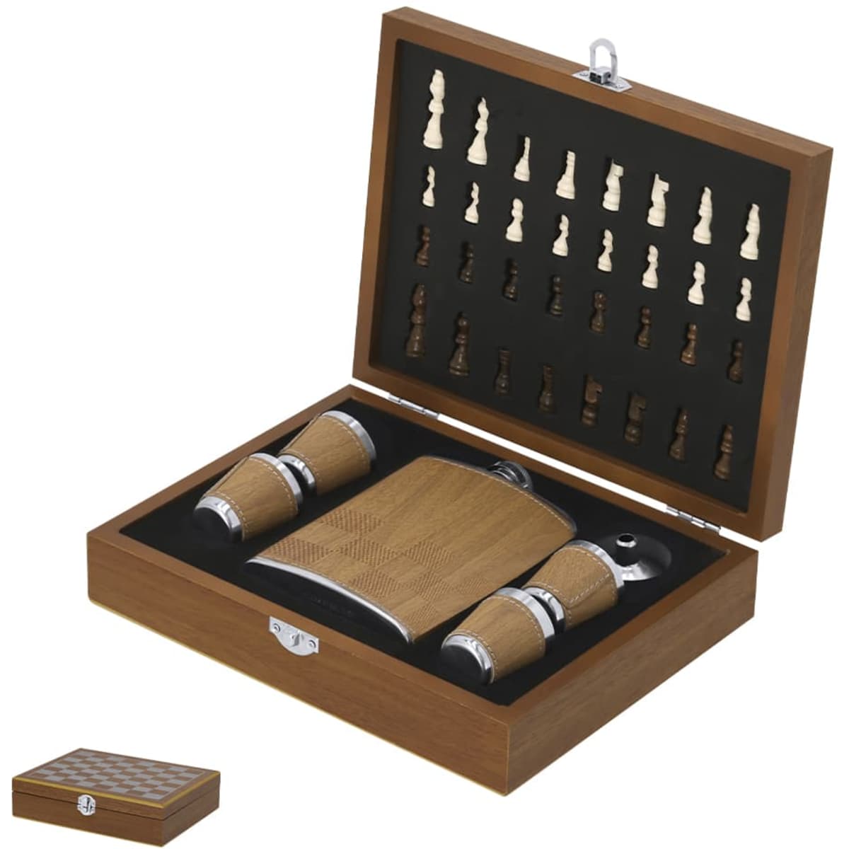 A drink bottle and four shot glasses in a wooden gift box, featuring a chess piece design inlaid on the lid.