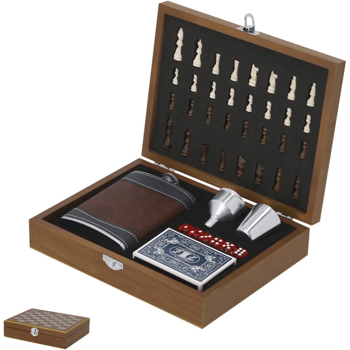 A drink bottle set in a wooden box featuring a flask, two shot cups, dice, cards, and chess pieces.