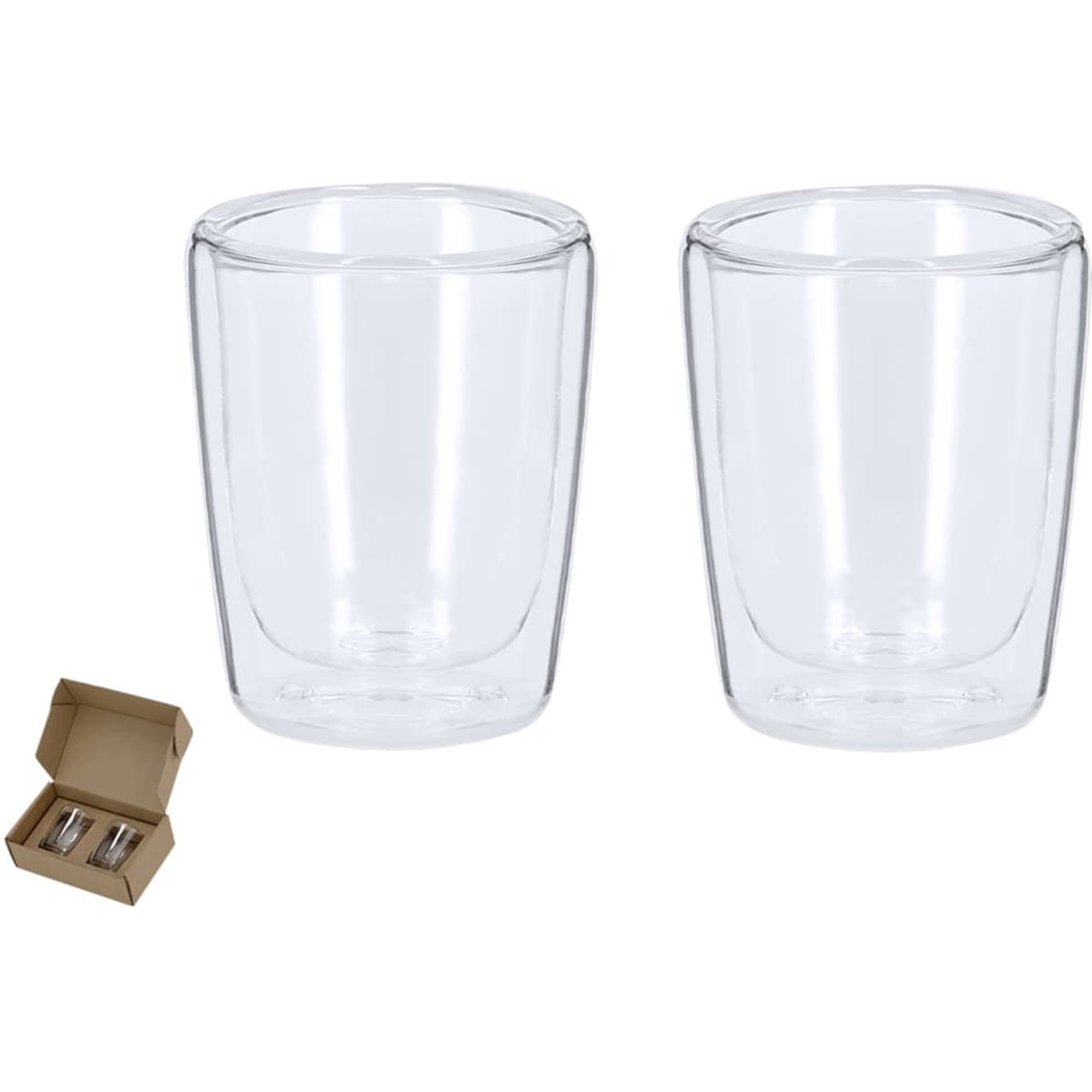 A set of two clear glass double-walled cups packaged in a cardboard box.