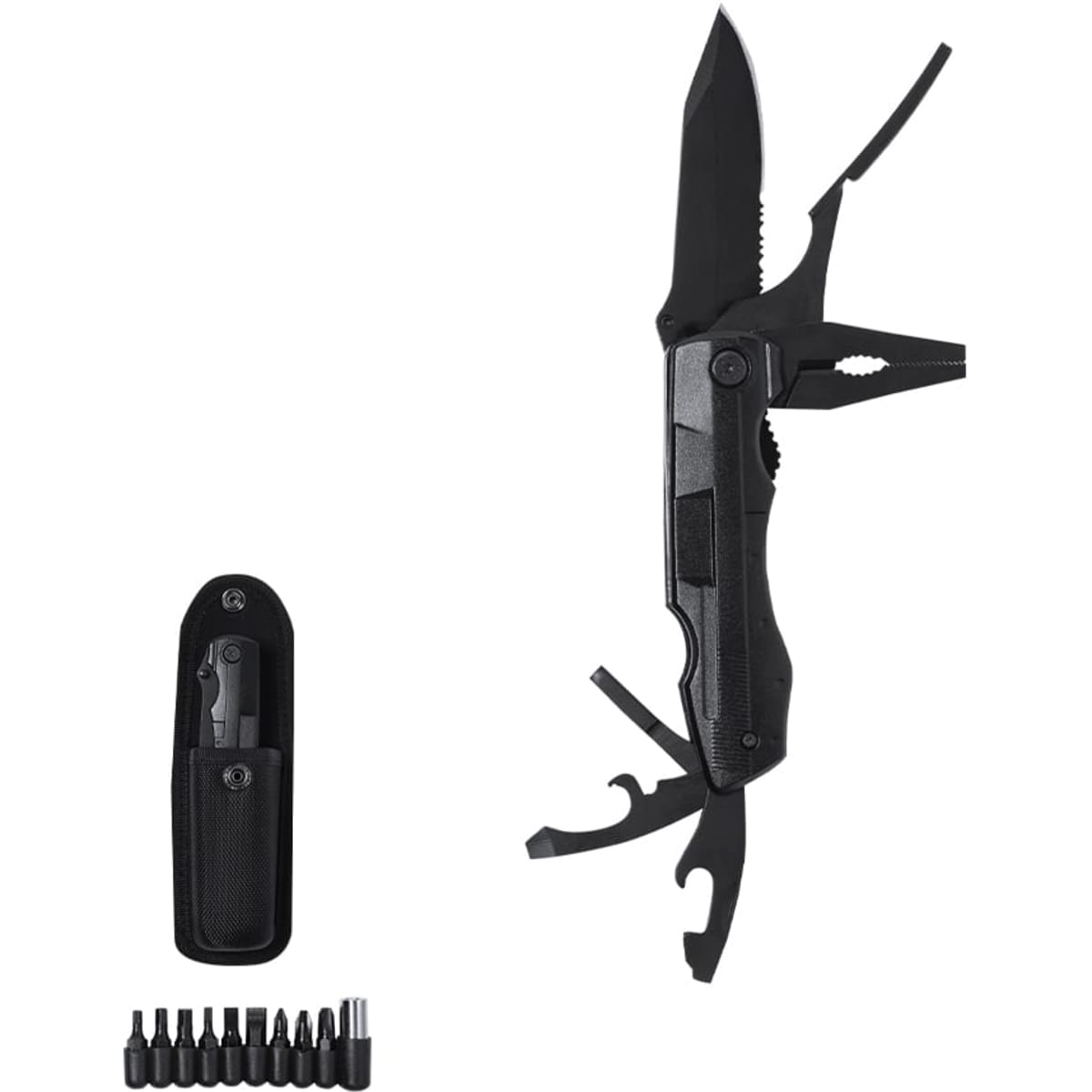 A black multi-tool with a knife, pliers, and various screwdriver bits in a pouch. It includes a tool holder.