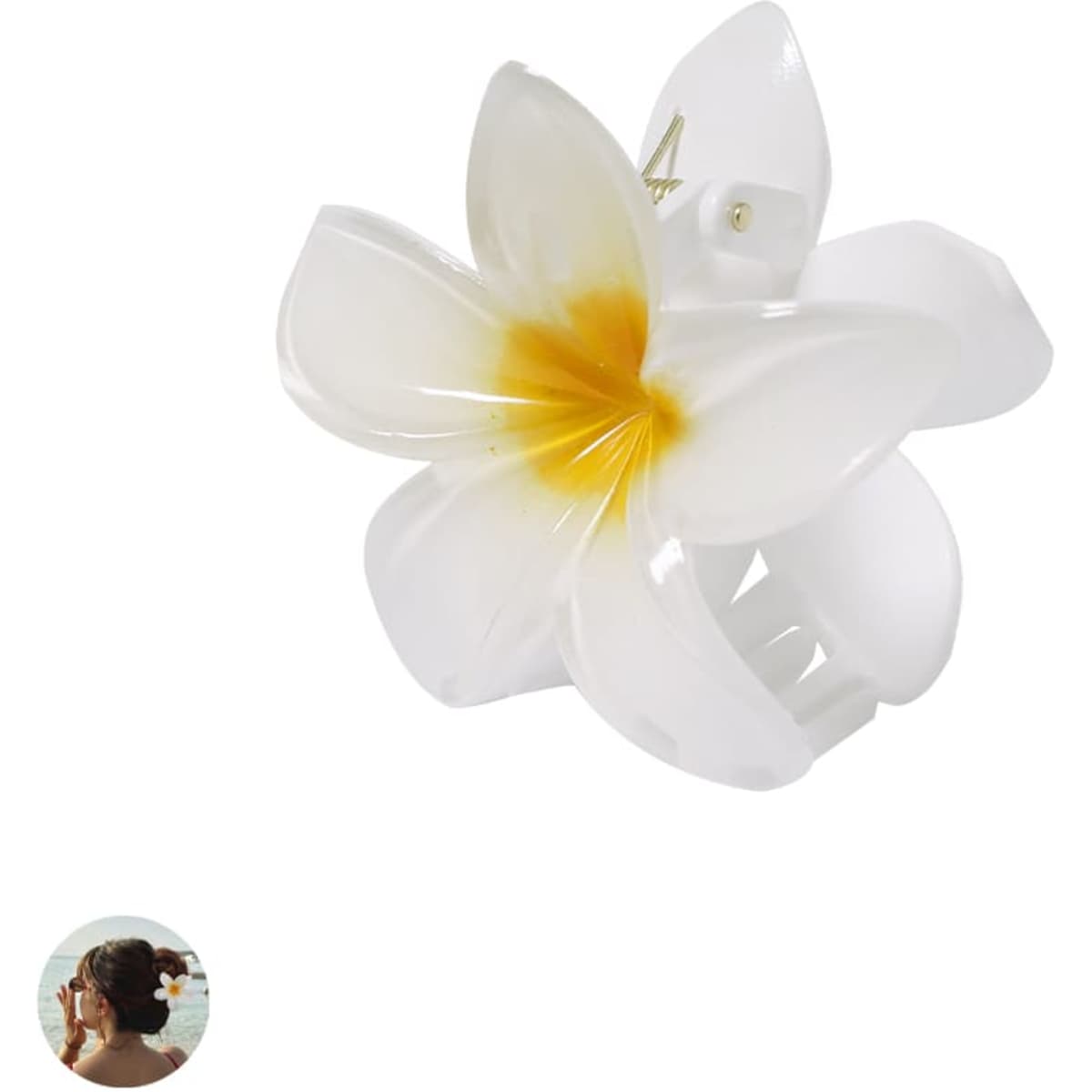 A floral hair clip in white with a yellow centre, featuring a secure clasp. Includes a small image of a person by the water.