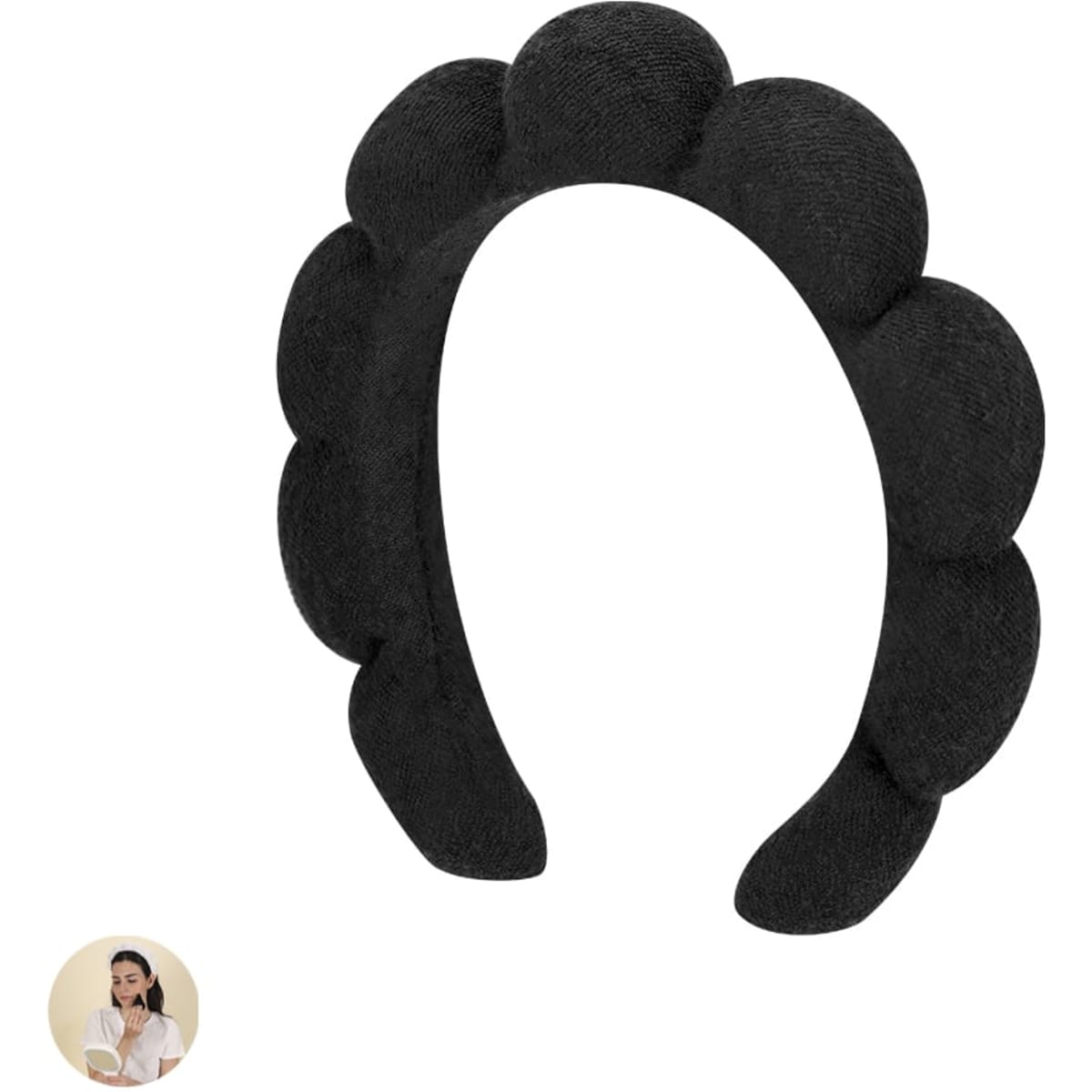 A black headband with a textured, scalloped design. It includes a logo but no text.