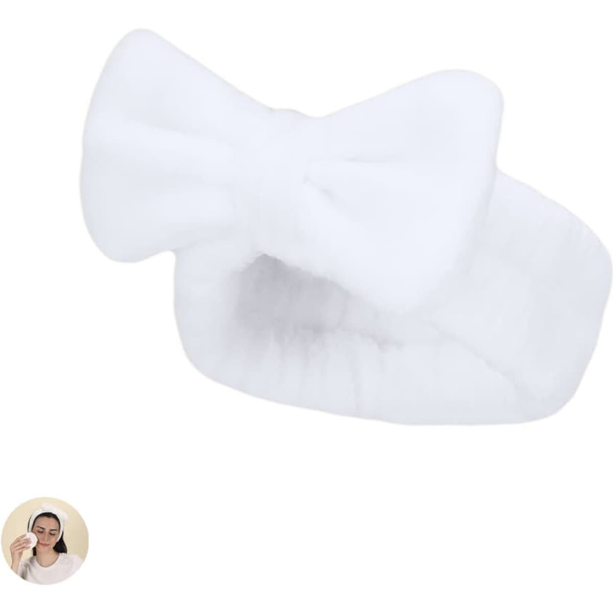 A white headband featuring a soft fabric and a bow detail, designed for headwear use.
