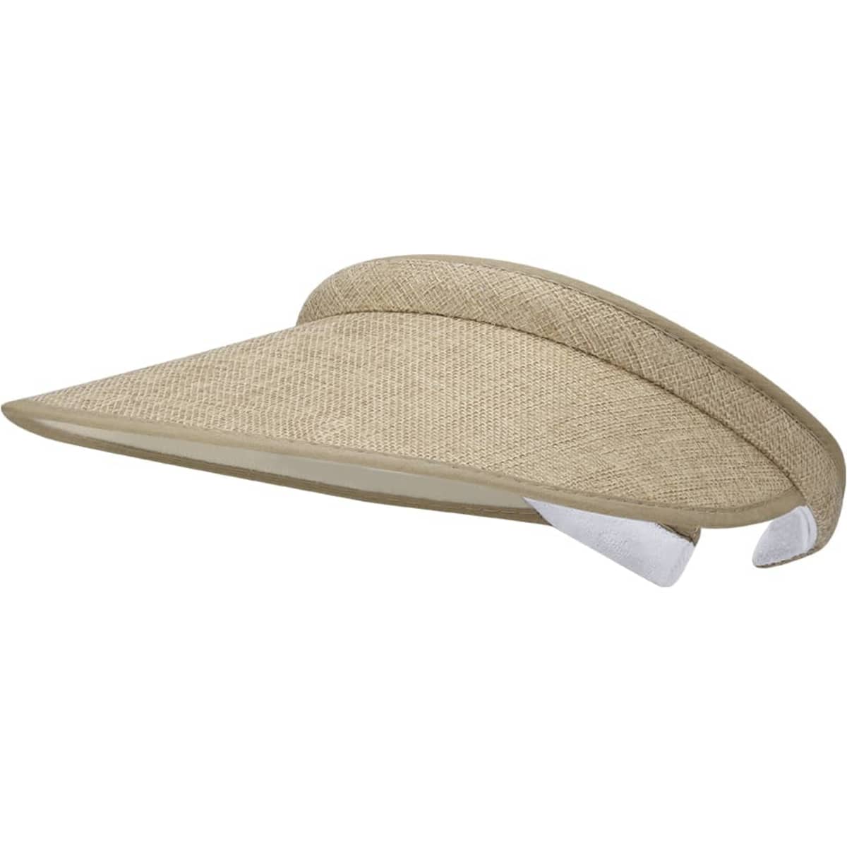A beige straw visor with a wide brim and a soft band, featuring a logo on the side.