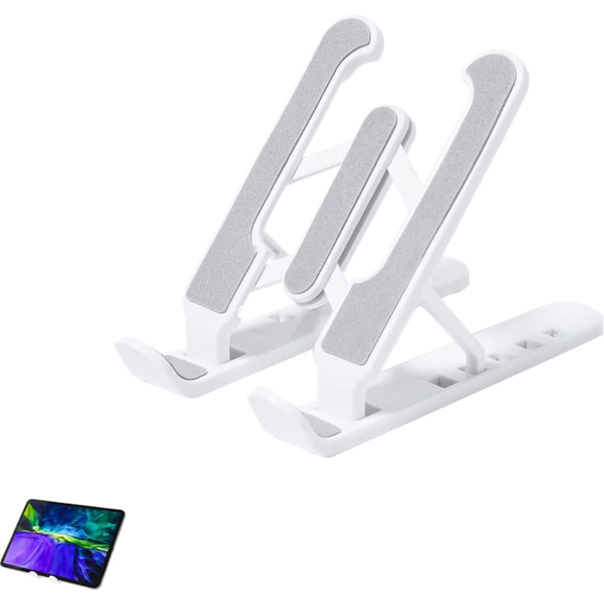 A white phone stand with adjustable arms and a soft grip, designed for holding devices securely.