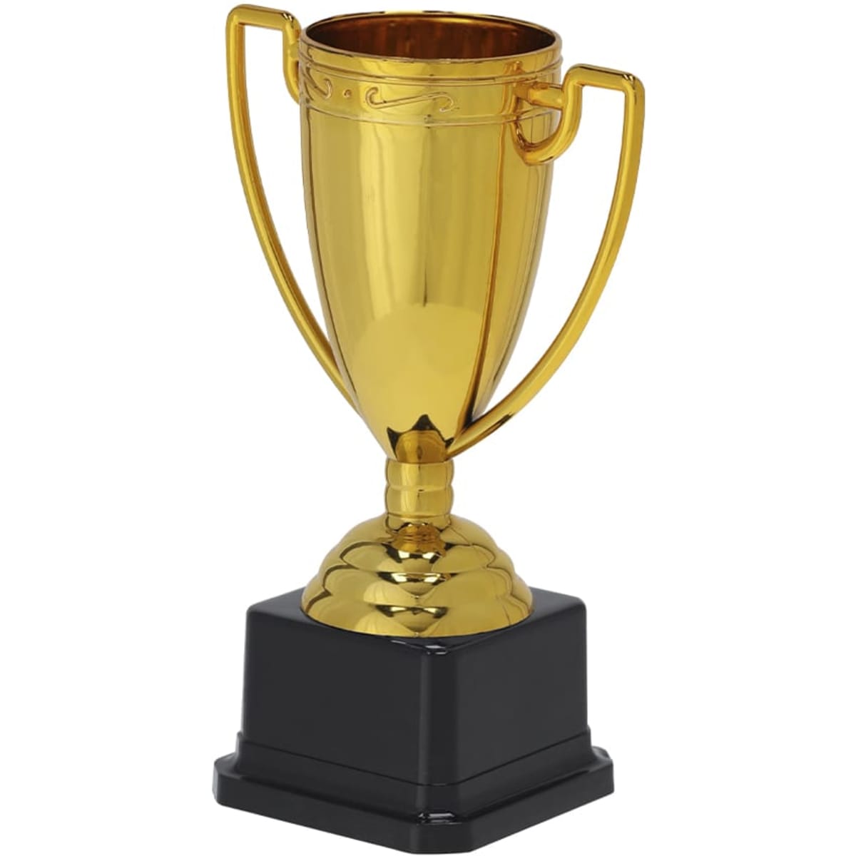 A gold trophy with two handles, mounted on a black square base.