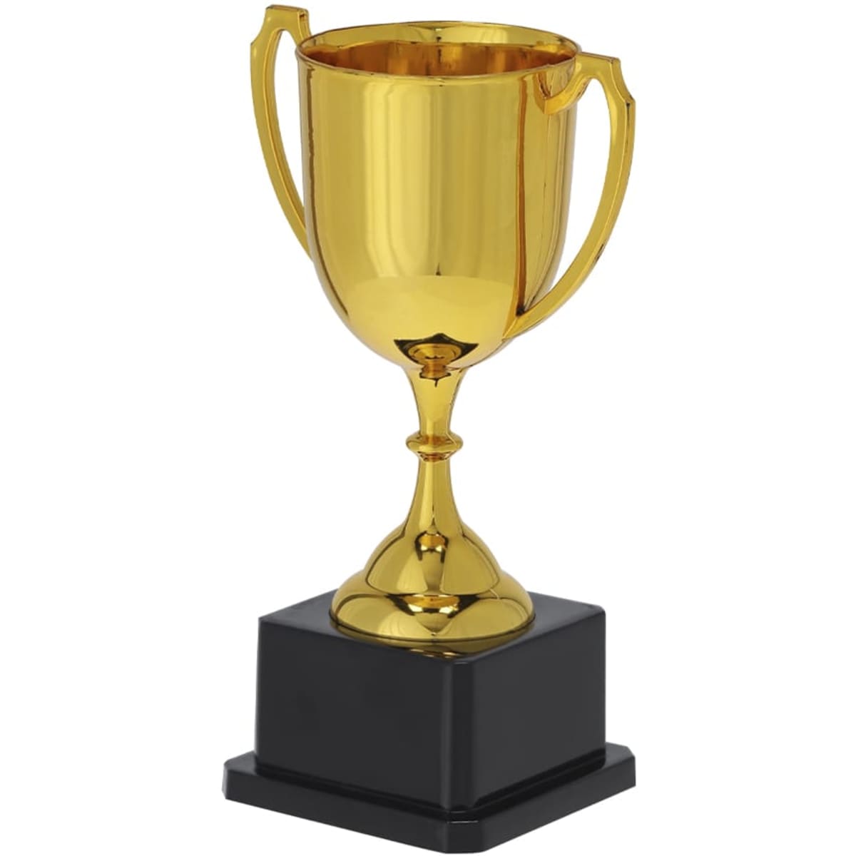 A gold trophy with two handles, resting on a black square base, featuring a shiny, reflective surface.