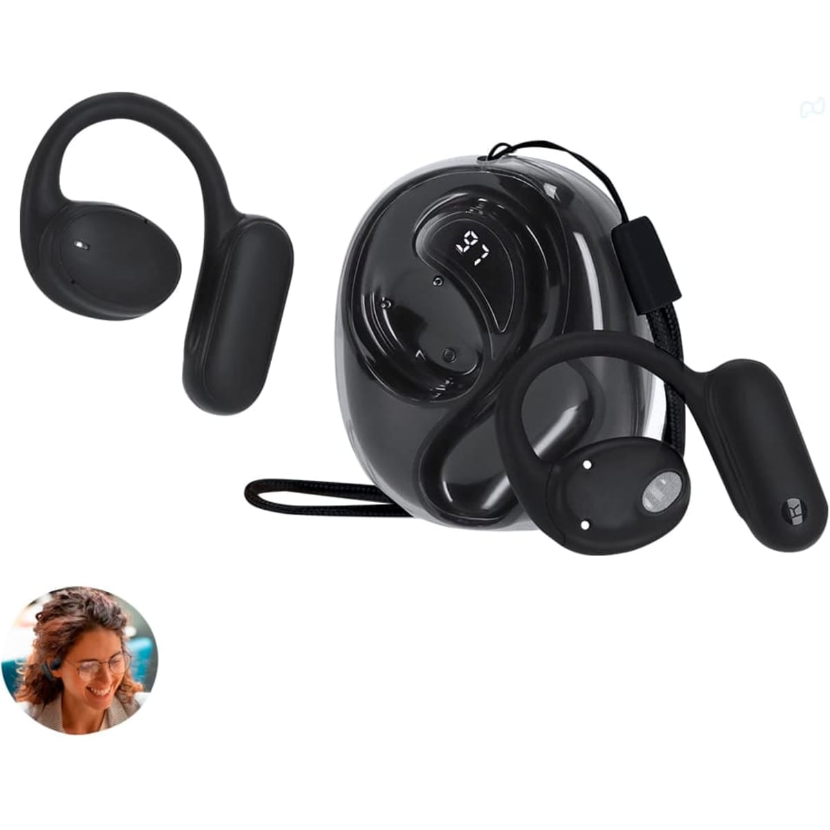 Wireless earbuds in black, with a compact charging case. Includes a logo on the case.
