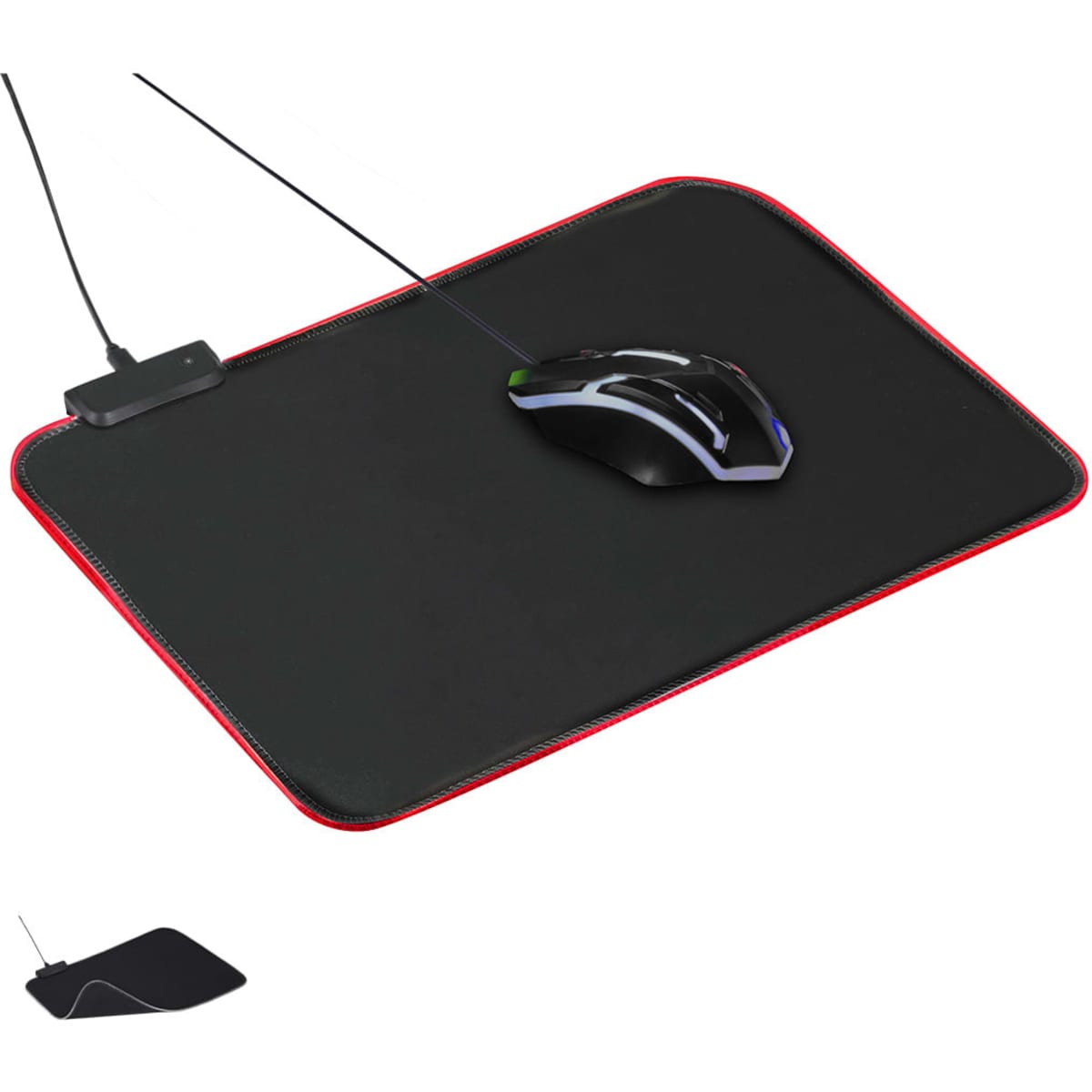 A black mouse pad with a red border and a gaming mouse. It features a logo at the top and a cable connected to the mouse.