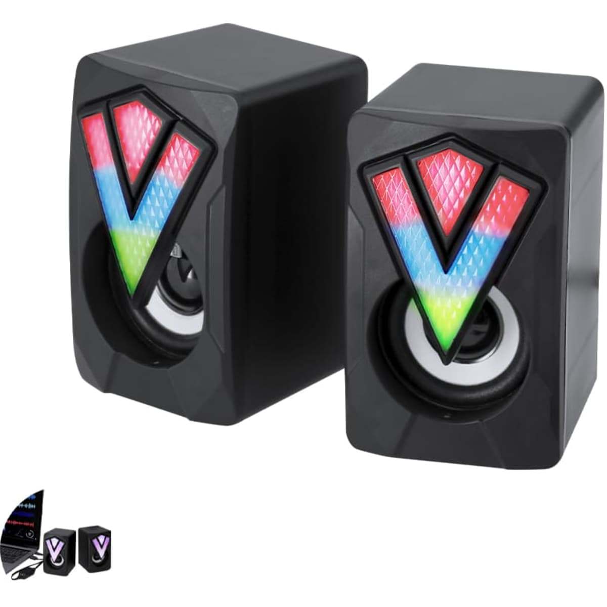 A pair of black Bluetooth speakers featuring multicoloured LED lights and a logo on the front.