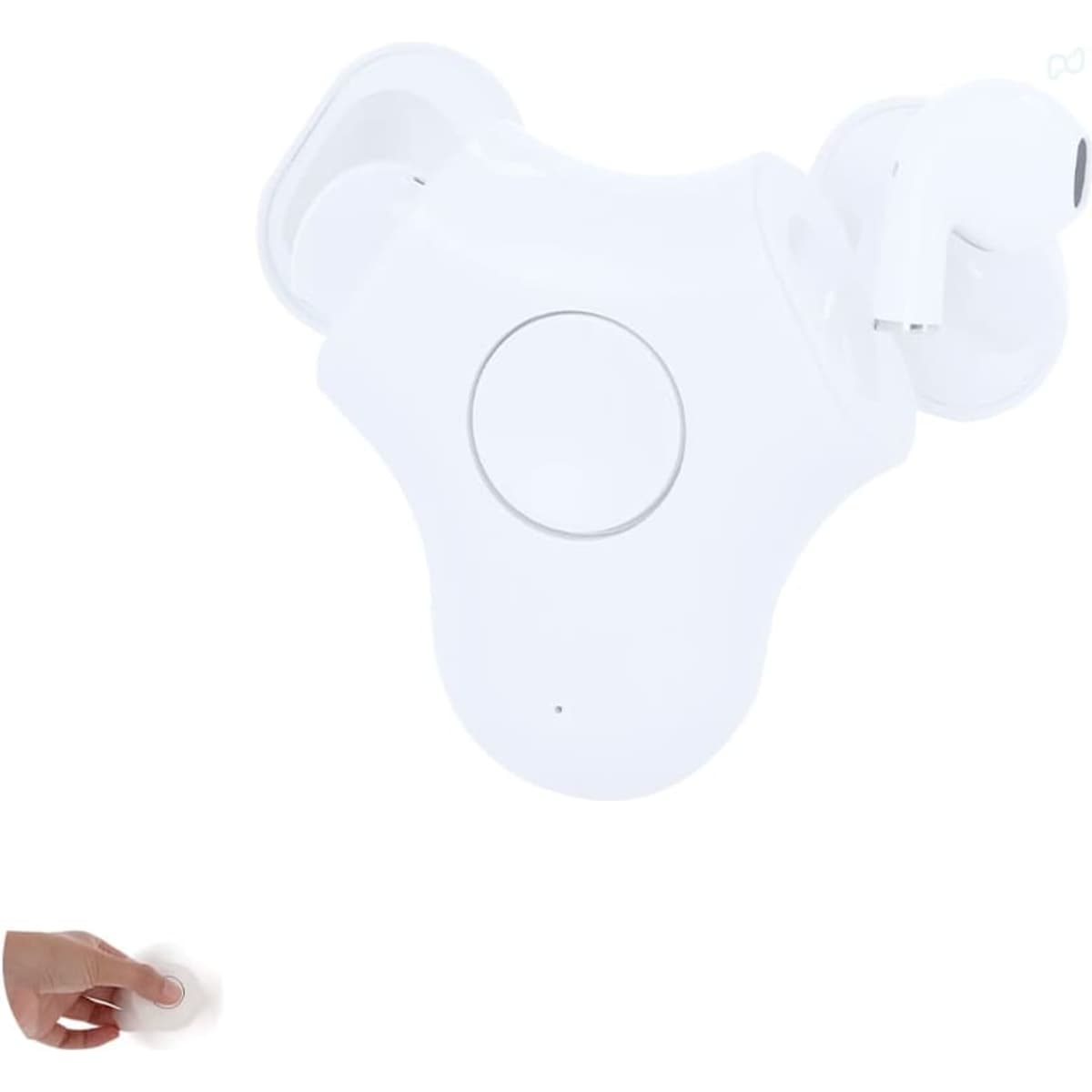 A set of white wireless headphones in a compact charging case, featuring a logo on the case.