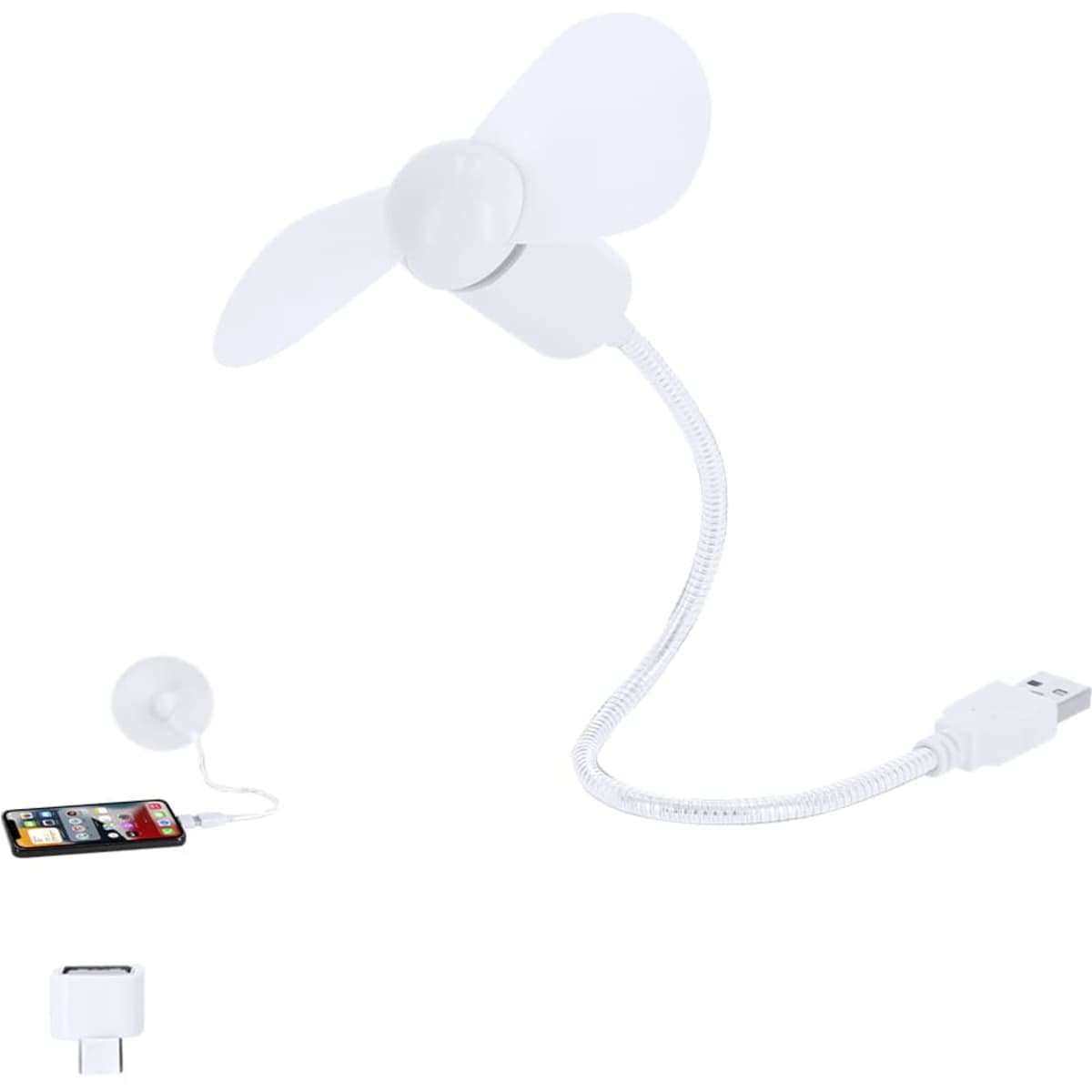 A white USB fan with flexible neck and propeller, alongside a mobile phone and USB connector.
