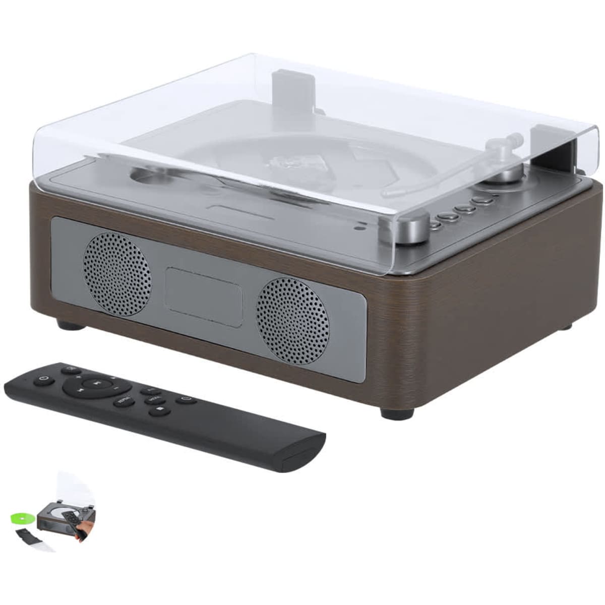 A brown record player with a transparent lid, featuring speakers on the front and a remote control.