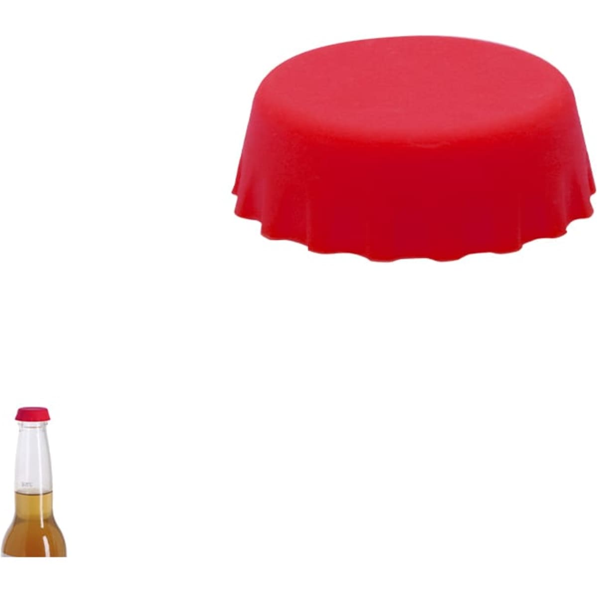 A drink bottle cooler in vibrant red, featuring a smooth finish and a fitted design. Includes a logo.