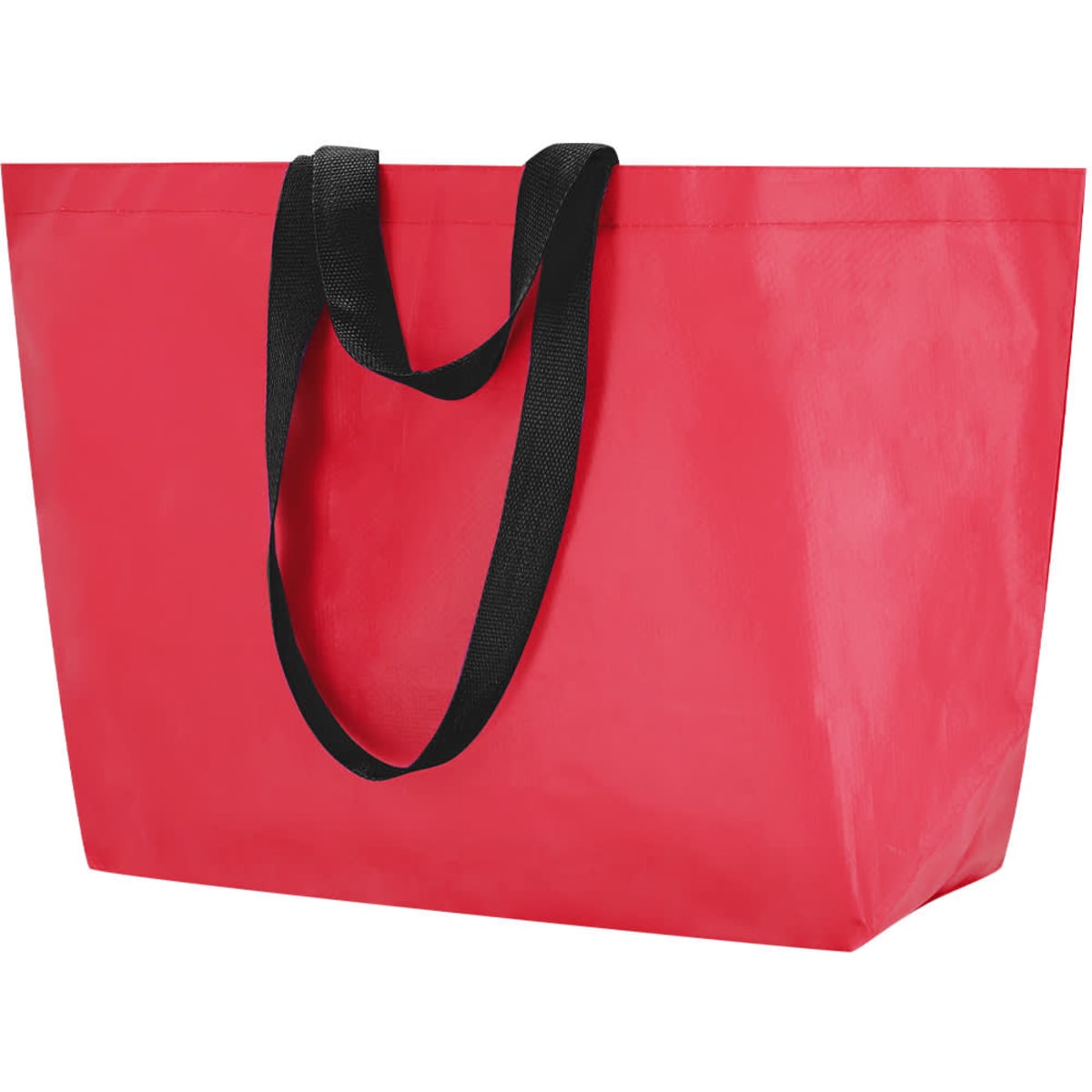 A large red reusable grocery bag with black handles and a solid design. It features a branding logo.