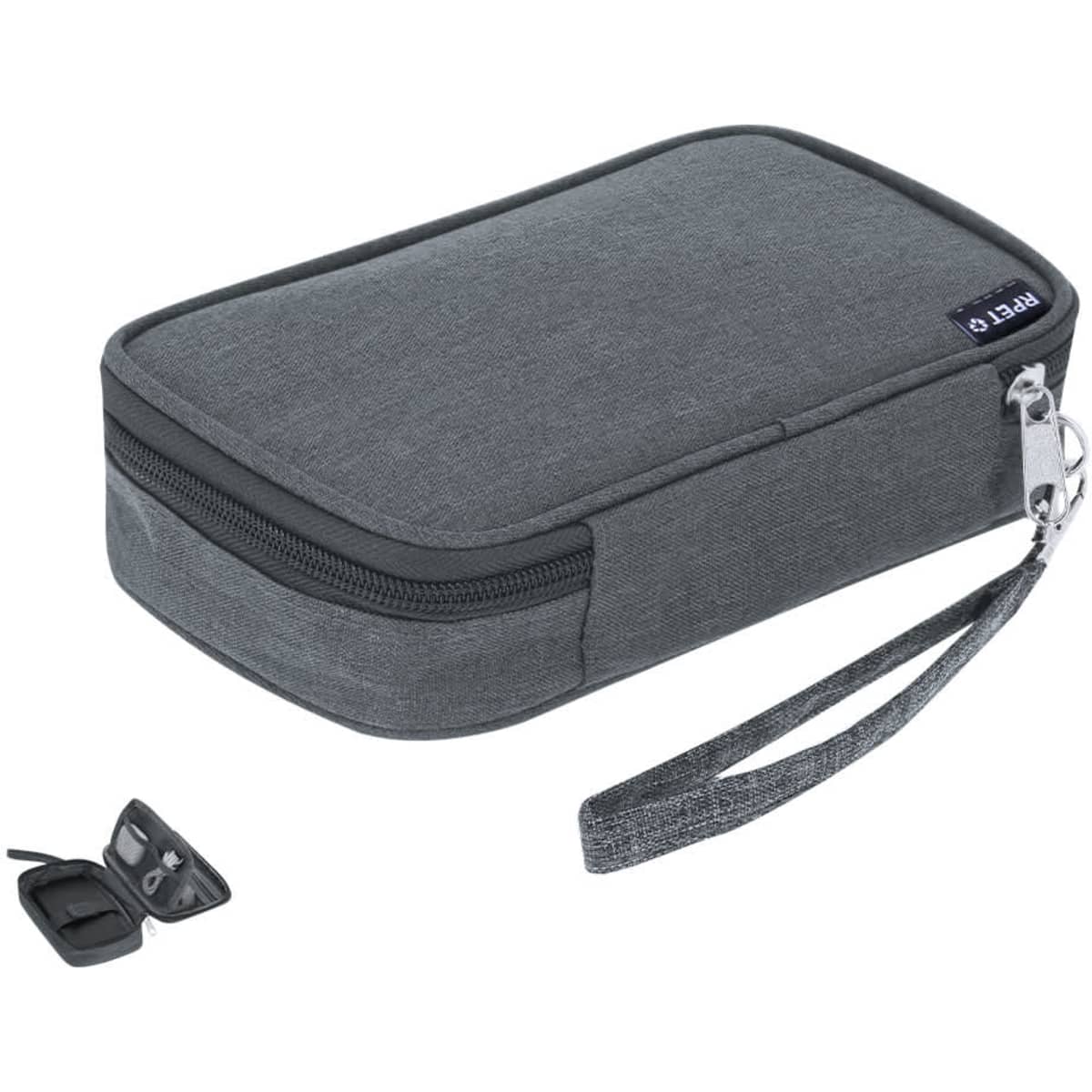 A grey toiletry bag with a zip closure and a wrist strap, featuring a small included pouch.