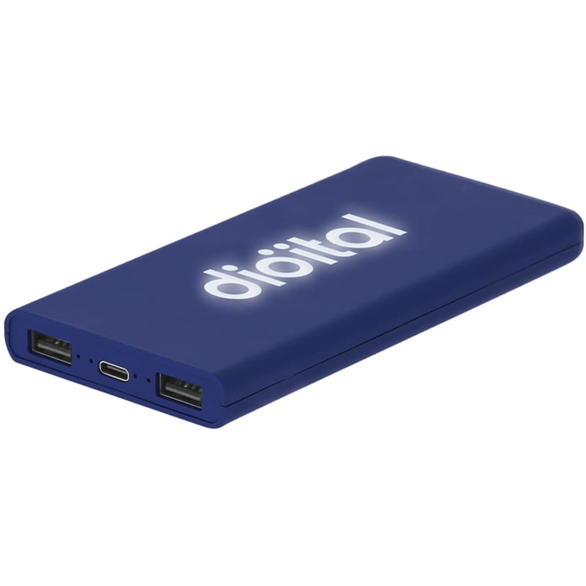 A blue power bank with multiple USB ports and a logo on the surface.