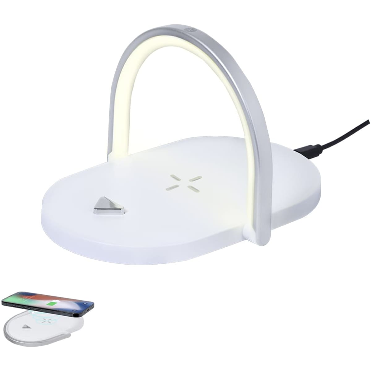 A wireless charger in white with a curved design and integrated light, alongside a smartphone.