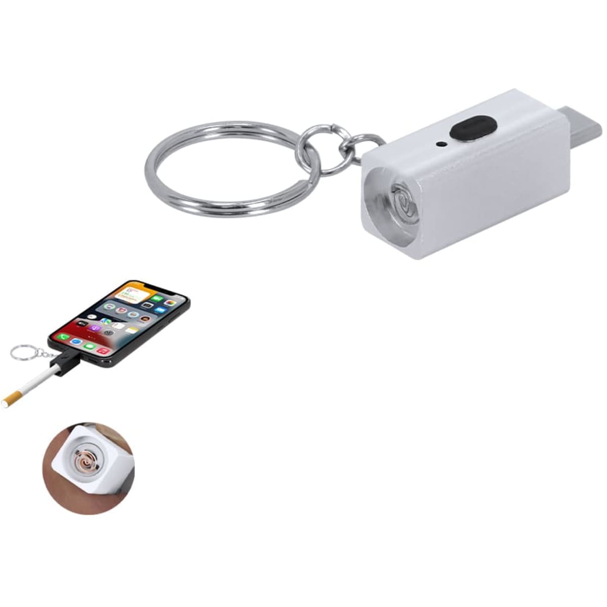 A white keyring light with a small keychain attachment, featuring a flashlight and a button for operation.