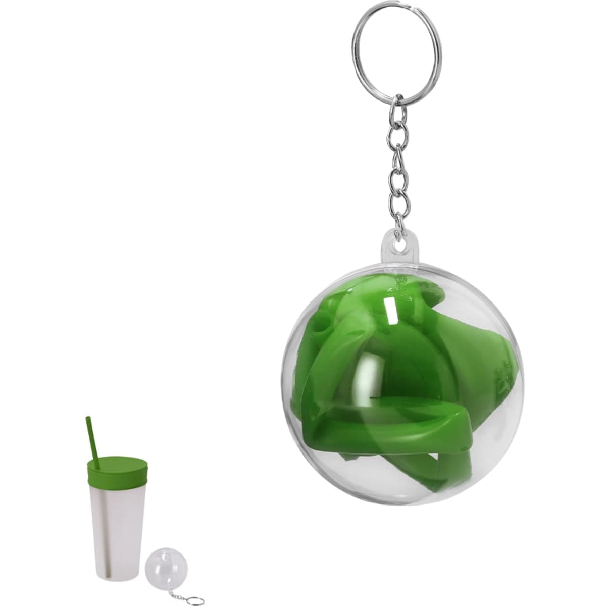 A promotional green drinking straw set enclosed in a clear orb, attached to a keychain, alongside a drink bottle.